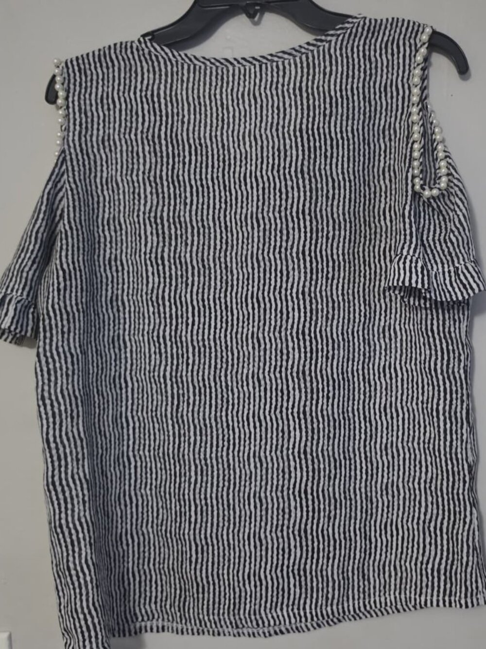 Women's Black and White Striped Cold Shoulder Pearl Accent Top